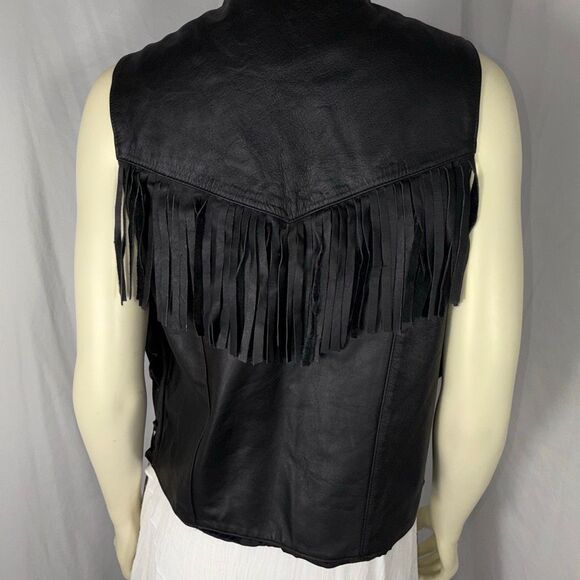Vintage Black Leather Fringe Western Vest Snakeskin Inlay | USA Made L - Picture 6 of 16